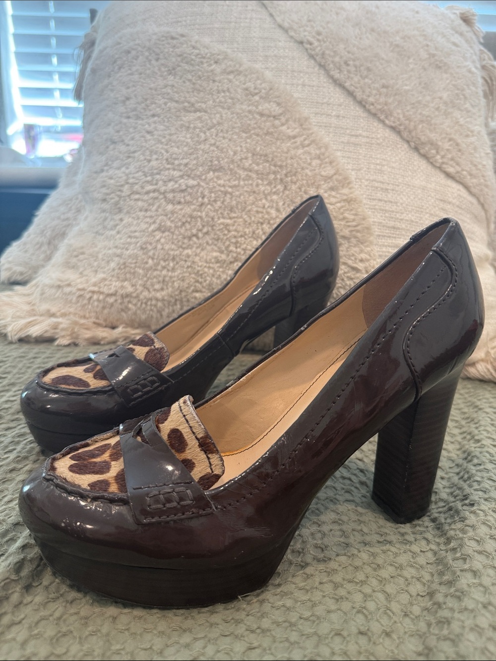 Marc Fisher Patent Leather Platform Heels with Leopard Accent - Brown